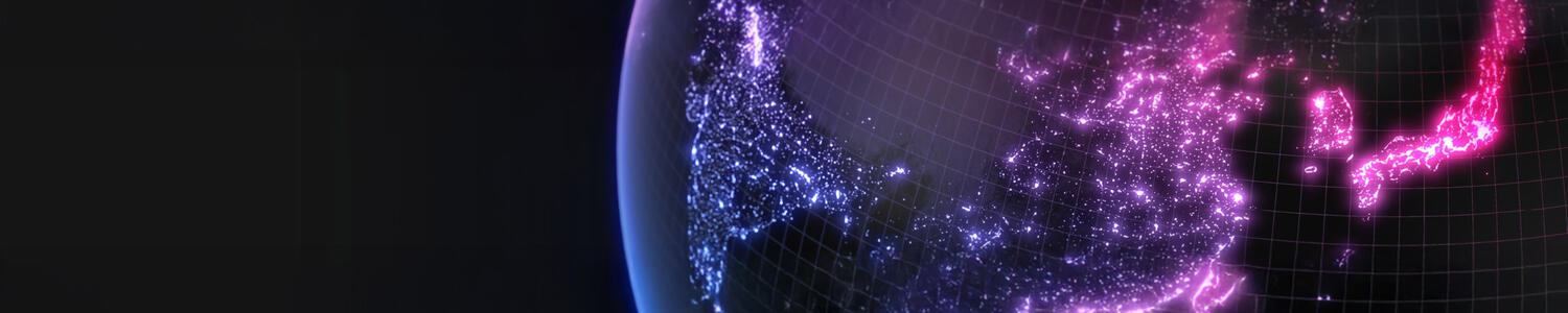 Stylized image of earth at night with multicoloured lights.