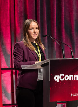 Annika Lenz of Baden-Württemberg International (Germany) address the audience